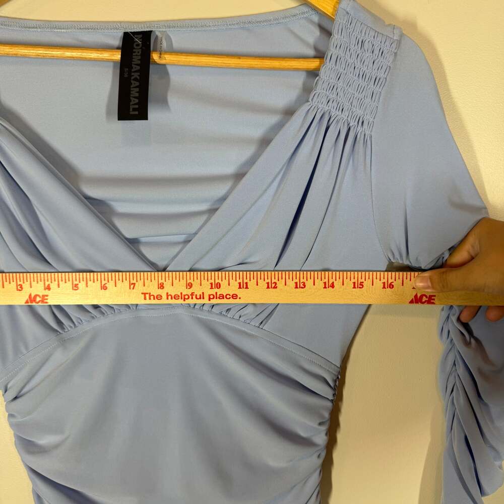 Norma Kamali Tara Dress Powder Blue Ruched Long Sleeve Midi Size S - Picture 7 of 11
